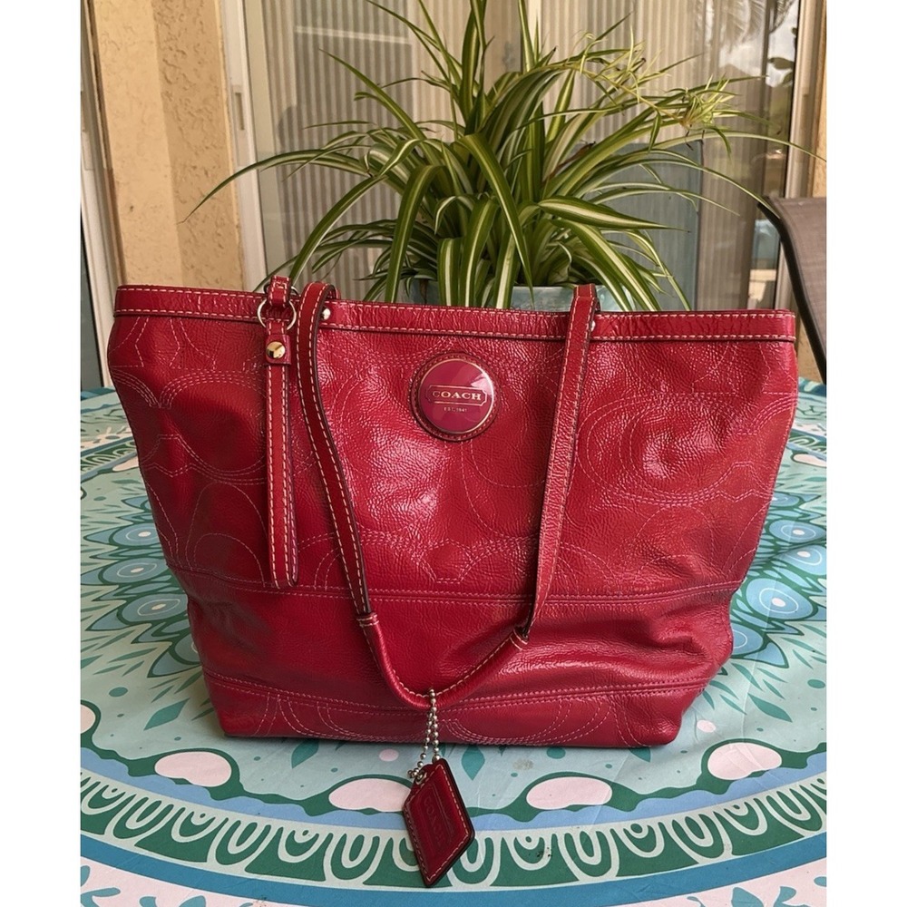 Coach Red Berry Patent Leather Signature Tote Bag EUC F15142